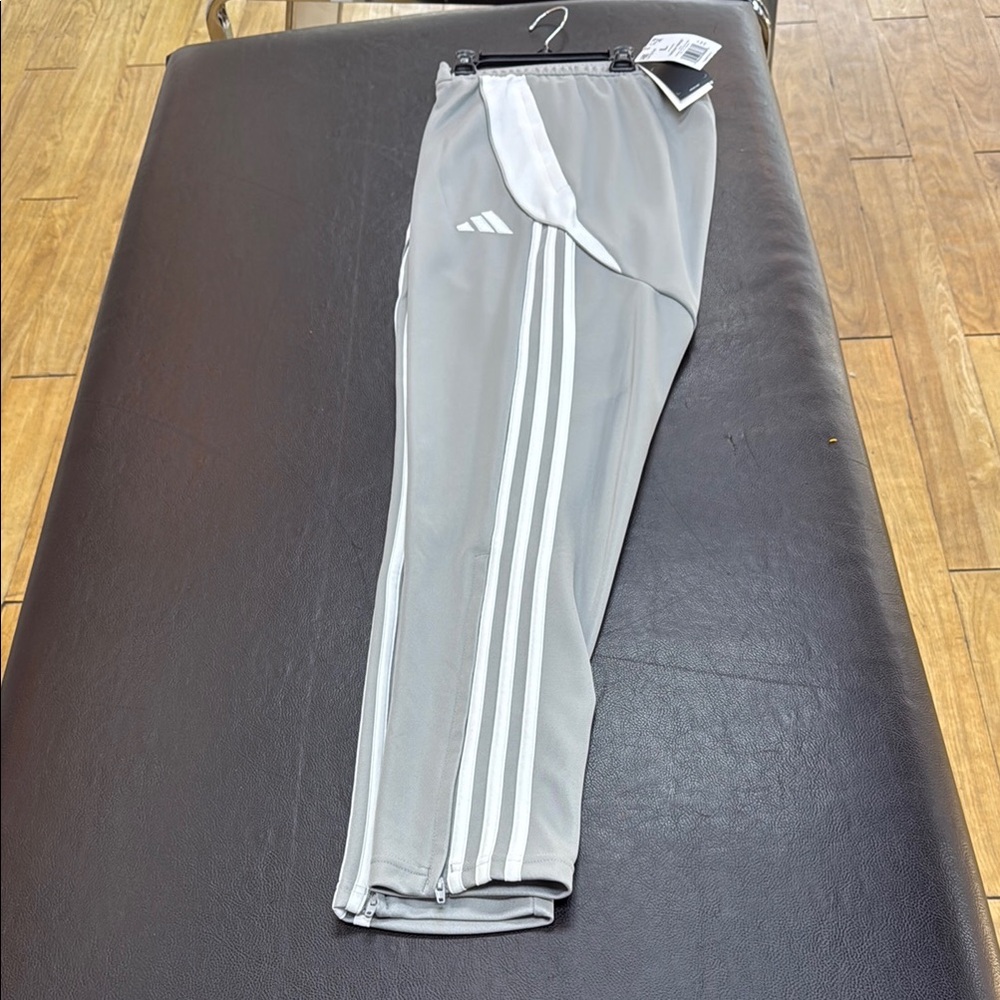 Adidas Gray Track Pants with White Stripes
